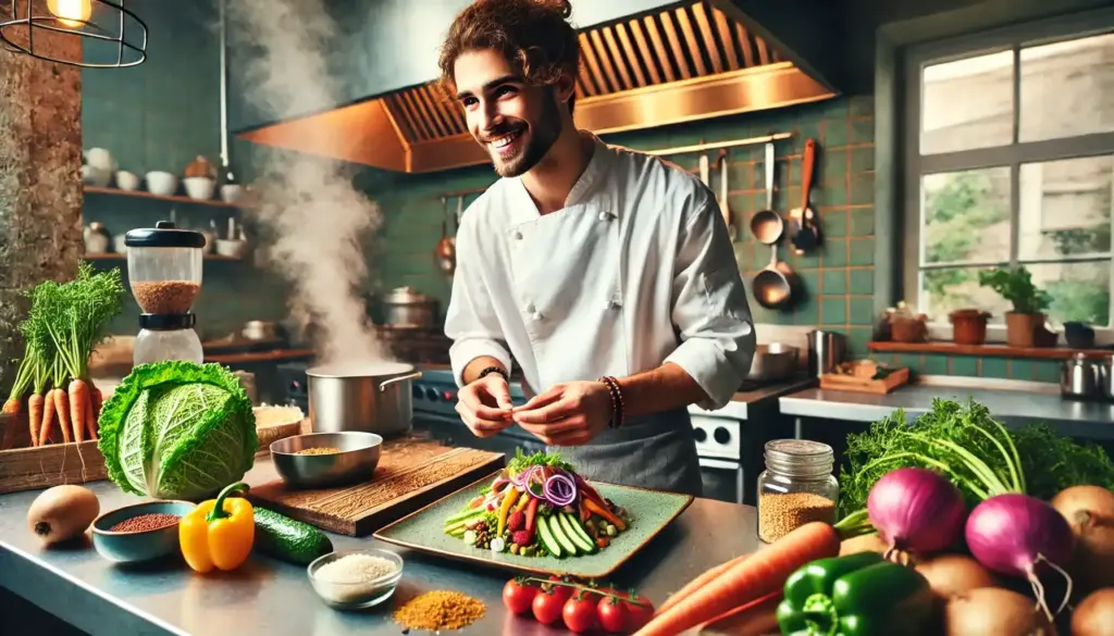 Chef preparando platos veganos